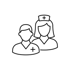 Medical team icon. Simple outline style. Nurse, male, female, man, woman, medic, doctor, health, medicine, hospital concept. Thin line symbol. Vector isolated on white background. SVG.