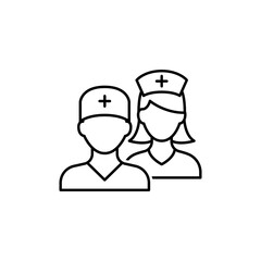 Medical team icon. Simple outline style. Nurse, male, female, man, woman, medic, doctor, health, medicine, hospital concept. Thin line symbol. Vector isolated on white background. SVG.