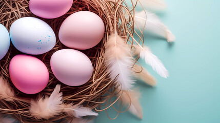 Pastel colored eggs in a nest with feathers on a blue background with copy space.  Top down view of eggs in nest with feathers with editorial space.