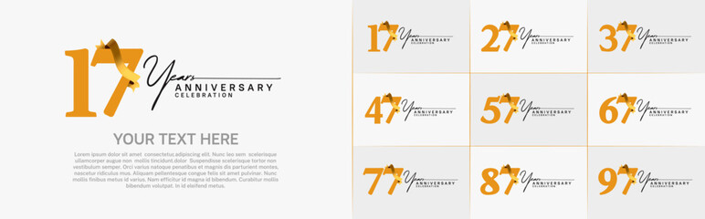 set of anniversary logo with orange number and golden ribbon can be use for celebration