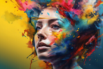 portrait woman feminine beauty face watercolor colourful style illustration art lip. Generative AI.