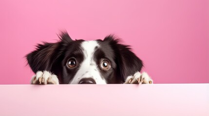 Photo of a black and white (border collie) dog overlooking a vibrant pink surface