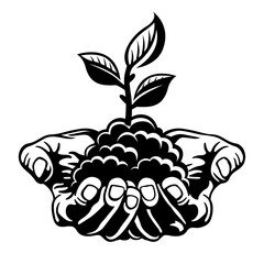 Pair of hands holding plant and soil. Caring for nature, concept vector illustration
