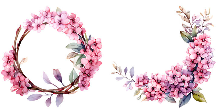 Beautiful wedding wreath with Centranthus ruber flowers watercolor elements set.