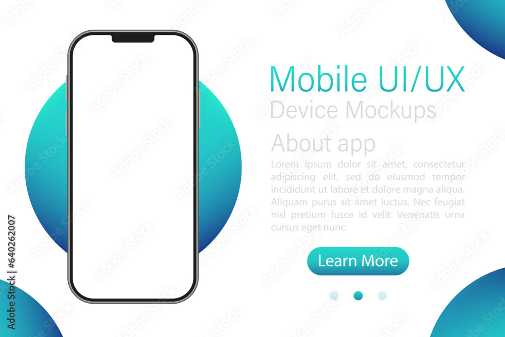 Poster smartphone blank screen, phone mockup with blue circle. device model. modern template for infographi