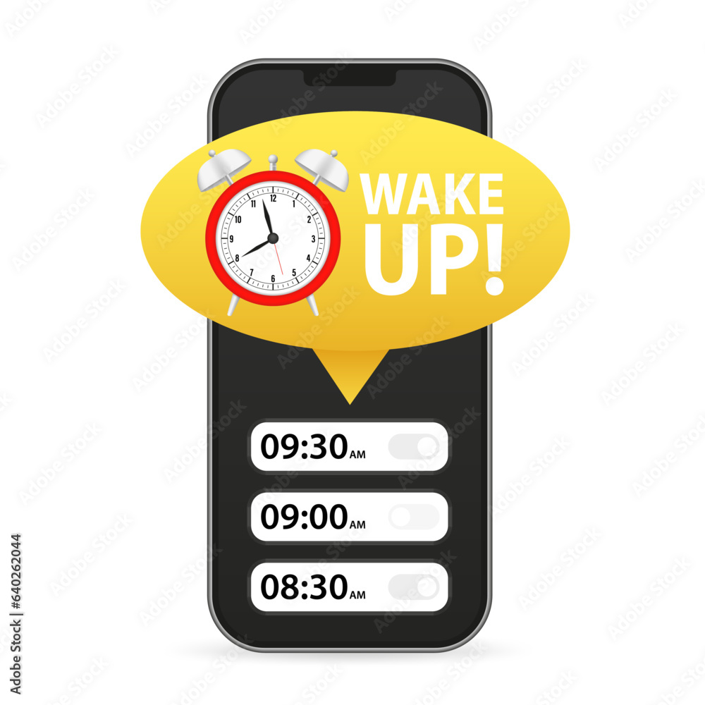 Poster alarm clock app on a mobile phone. smart phone alarm clock. wake up time setting. alarm clock remind