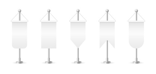 Realistic table flag isolated on white background. Roll up flags banner. White blank desk flag. Shiny metal stand. Mockup flags for promotion, advertising and decoration. Vector illustration