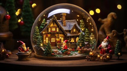 Christmas Magic in Miniature - Elves Workshop in Glass Bubble, generative Ai