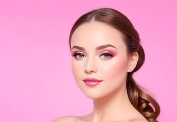 Fototapeta premium young cute pink girl, pink woman with pink dress and pink background