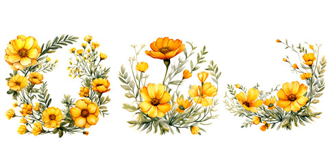 Obraz premium Watercolor Beautiful wedding wreath with Tagetes erecta flowers and an element bundle