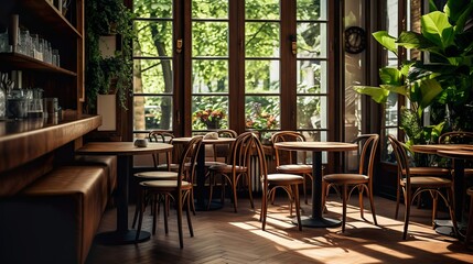 Fototapeta na wymiar Cozy Café Vibes: Wooden Floor & Inviting Tables, generative Ai