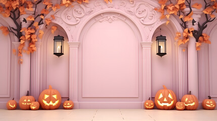 Halloween pumpkins on purple and orange background. 3d render. Halloween concept.