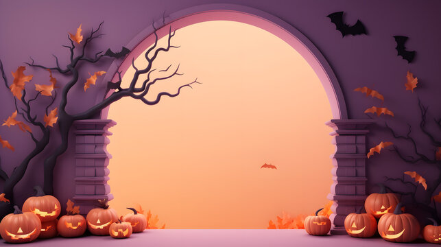 Halloween pumpkins on purple and orange background. 3d render. Halloween concept.
