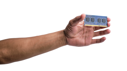Hand-holding laptop component RAM isolated on a transparent background
