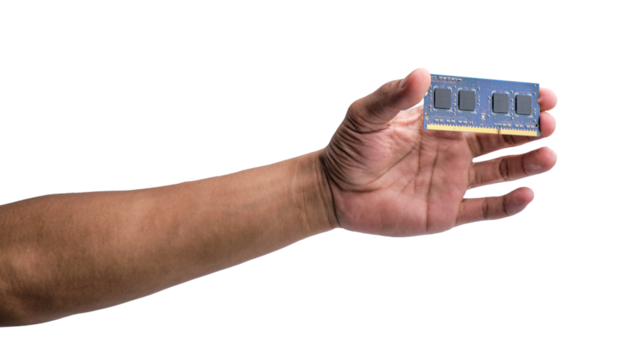 Hand-holding laptop component RAM isolated on a transparent background