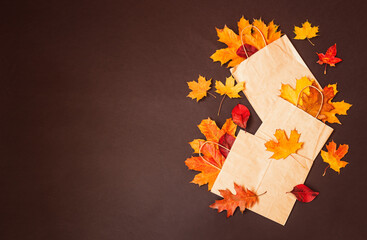 Colorful autumn leaves in paper bags on dark background. Sale and shopping concept.