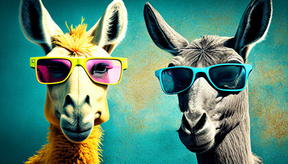 Pferd mit Brille Tiere tragen Sonnenbrille Kommunikation Diversität Führungskraft Vorlage für Karte Spruch Motiv skurril Comic Darstellung Generative AI  - obrazy, fototapety, plakaty
