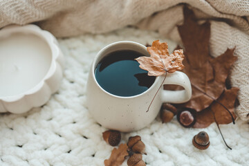 Obraz na płótnie Canvas Cup of hot tea and a leaf, autumn mood