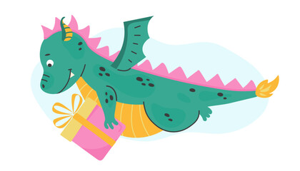 Flying fantasy cute dragon with gifts christmas