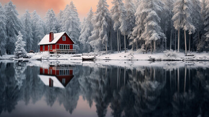 Cabin Magic: A Secluded Red House Mirrored in the Icy Waters of a Lake
