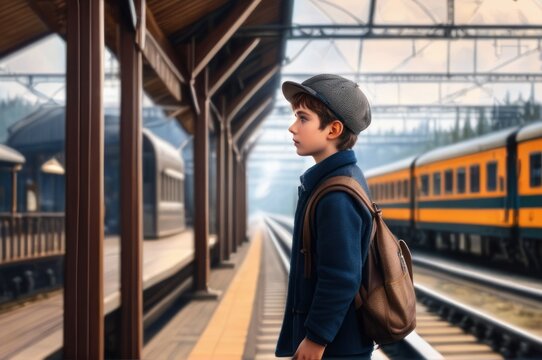 positive boy on railway station perron at fall noon. Travelling and vacations concept.