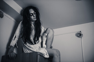 Portrait of asian woman make up ghost,Scary horror scene for background,Halloween festival...