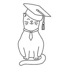 A cute cat with a graduate hat. Hand drawn doodle illustration, black outline. Back to school theme element.