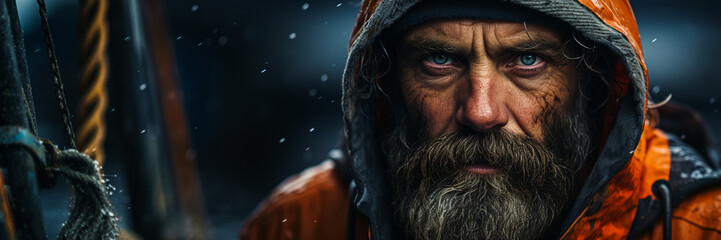 Captivating close-up of a rugged, resilient fisherman against the backdrop of an Icelandic stormy sea and stunning orange sunset. An epic tale in one frame.
