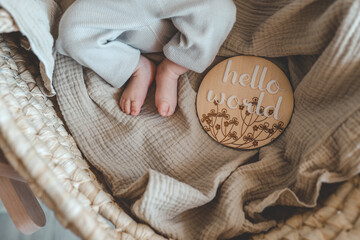 Legs of a newborn baby and a wooden board with the inscription: hello world