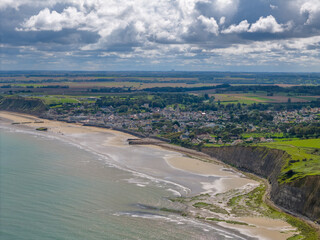 Aerial view of the town Arromanches les bains in Normandy, France. The town is known for the D-Day...
