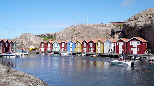 Colorful wooden Houses in Harbour, Fisherman huts or Summer Community At Smogen Bohuslan, Sweden West Archipelago.