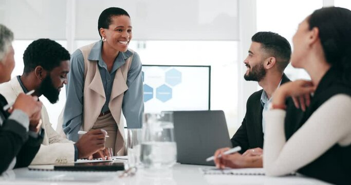 Presentation, question and meeting with business black woman for research, leader or project management. Training, strategy and data analysis with people in office for brainstorming, team and chart
