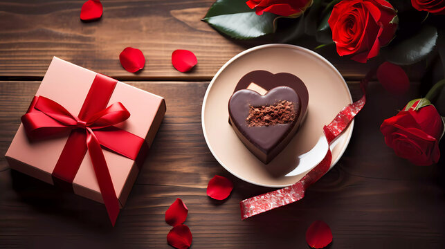Heart shaped chocolate dessert and gift wrapped in red ribbon for Valentine's Day. Top down view with roses and rose pedals on a wood table. 