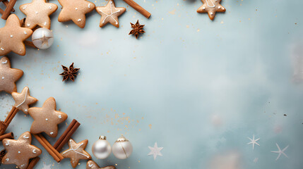 Banner with Christmas cookies, light gold Christmas baubles, anise spice and cinnamon sticks on a light blue background. Christmas concept. Copy space. 