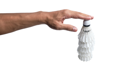 Hand-holding stack of badminton shuttlecocks isolated on a transparent background