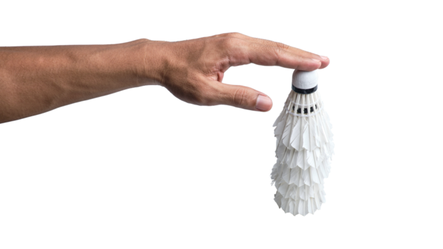 Hand-holding stack of badminton shuttlecocks isolated on a transparent background