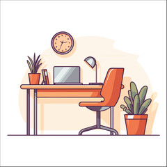 office interior illustration vector with desk , watch , lamp, laptop, PC and Decorative Plant. Workspace concept in cartoon style 