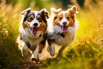 Two small happy dogs playing together outdoors	