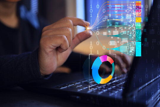 Programmer hand takeout pull grab data from laptop screen, data downloading source code from search engine or digital transfer for borderless communication and working from anywhere in the world.