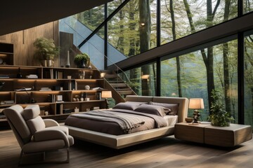 A modern bedroom in a minimalist millenium house