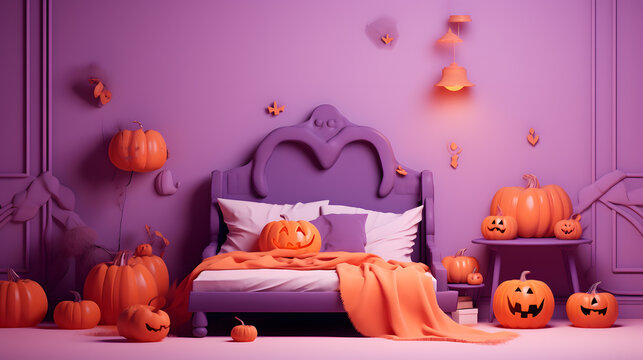 Halloween orange and purple interior with a big bed and pumpkins. 3d render, 3d render
