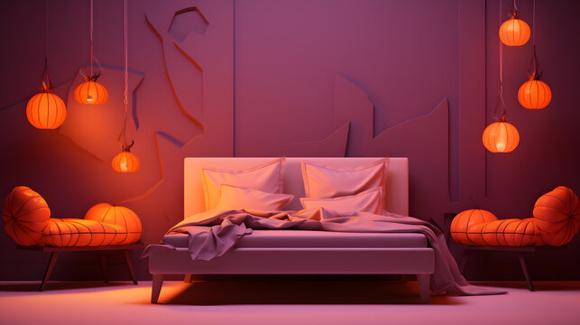 Halloween orange and purple interior with a big bed and pumpkins. 3d render, 3d render