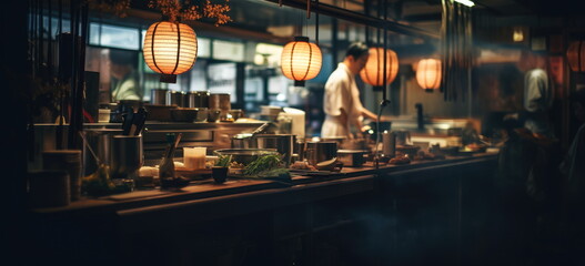Fototapeta na wymiar Busy Japanese restaurant. staff in motion. hand edited generative AI. 
