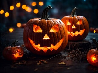  Halloween pumpkins with glowing faces on a wooden deck