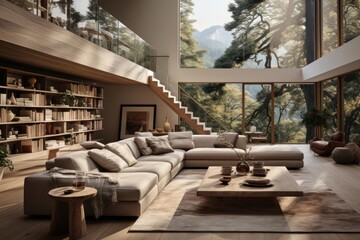 Cinematic two story scandinavian interior living room