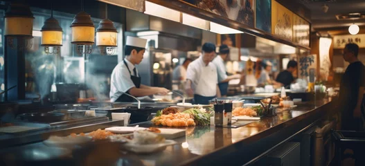 Keuken foto achterwand Kyoto Busy Japanese restaurant. staff in motion. hand edited generative AI.  