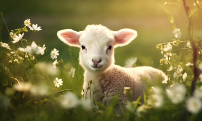 Obraz premium Portrait of a cute little lamb in a meadow