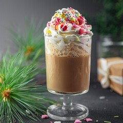 christmas hot chocolate with whipped cream sweet dessert drink holiday treat new year and christmas celebration meal food snack on the table copy space food background rustic top view