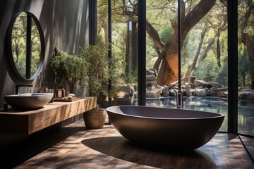 Interior photograph of modern minimalistic bathroom of big european villa with windows and wood floors