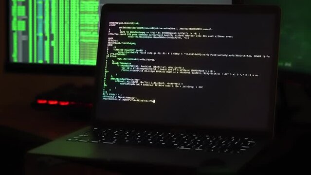 Encrypted fast-scrolling programming security hacking code. Encrypted   message on Computer Screen. Hacking setup